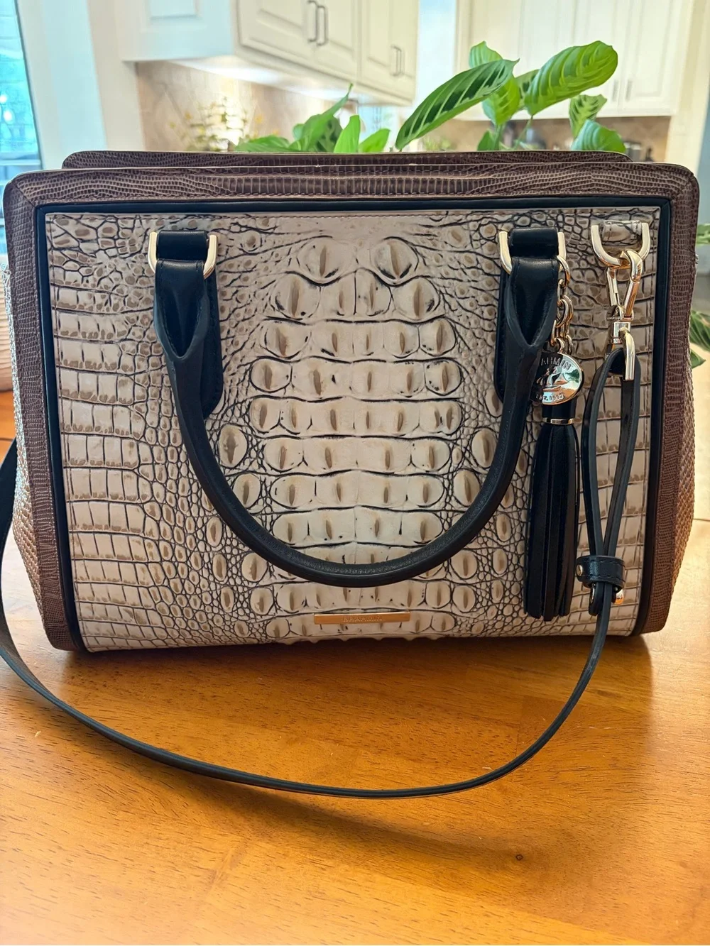 Brahmin Croc Satchel Tote Bag with Tassel - Black and Cream